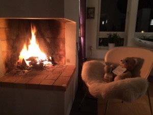 Nalle myser framför brasan.